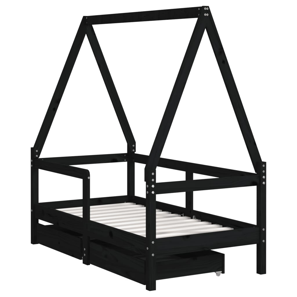 Children's bed frame with drawers, black, 70x140 cm, solid pine wood
