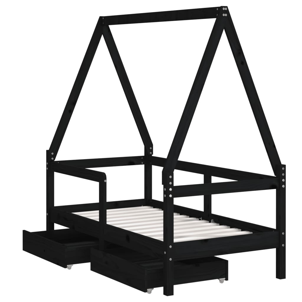 Children's bed frame with drawers, black, 70x140 cm, solid pine wood
