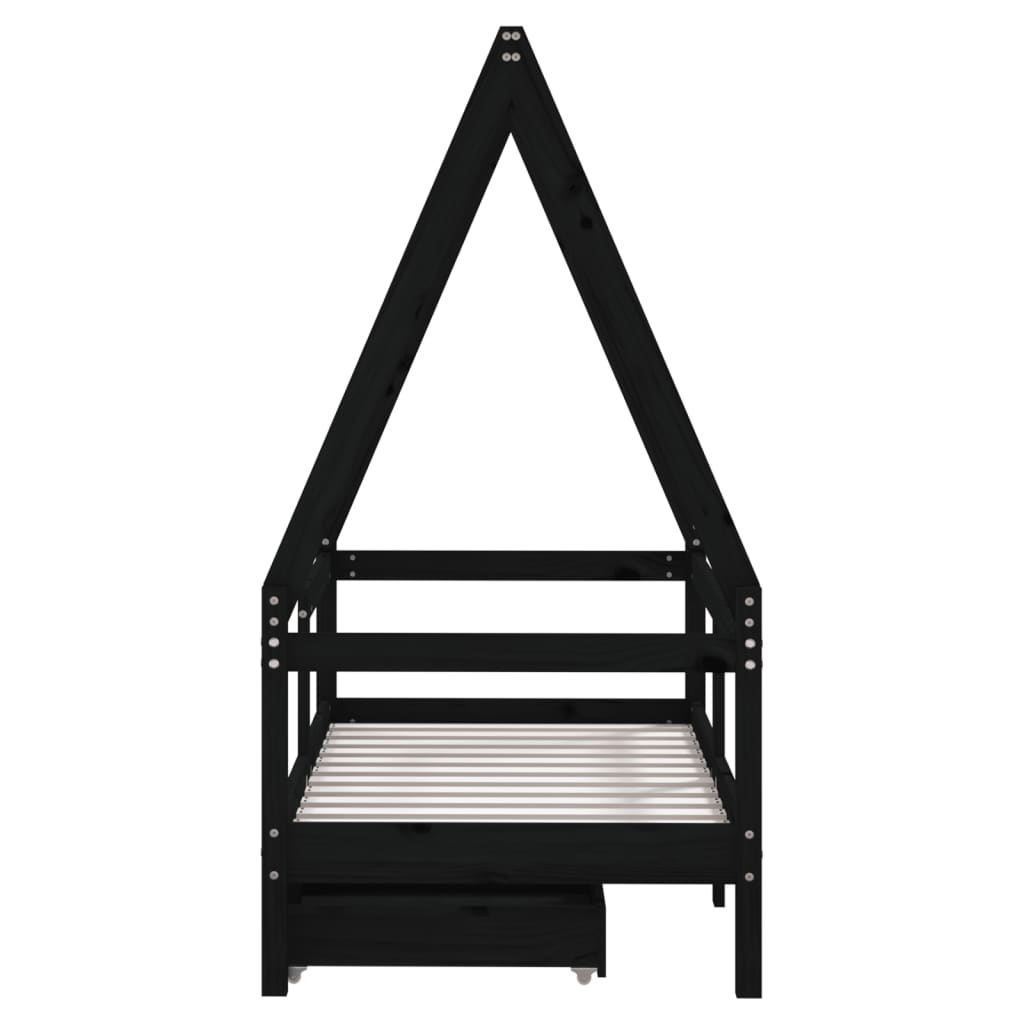 Children's bed frame with drawers, black, 70x140 cm, solid pine wood