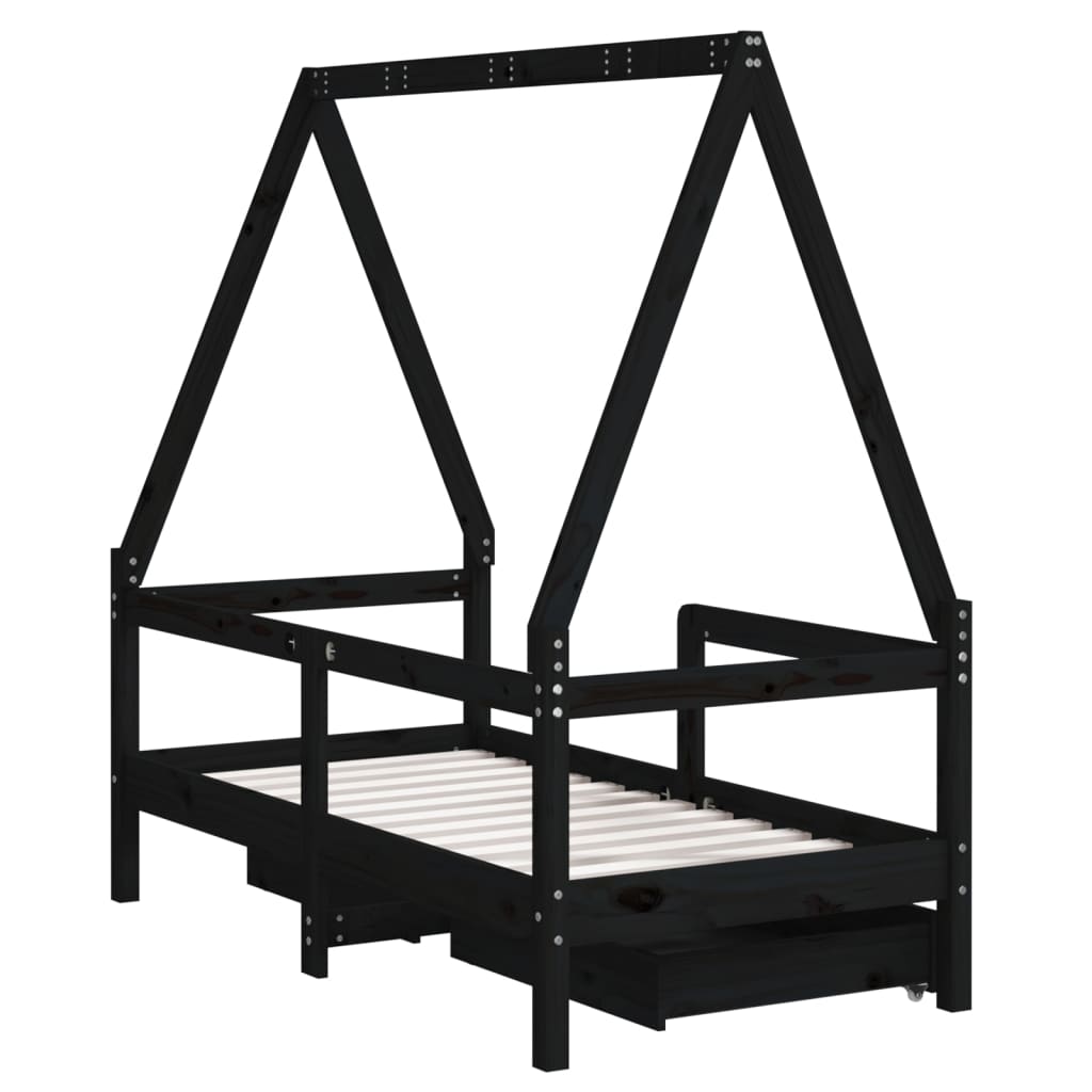 Children's bed frame with drawers, black, 70x140 cm, solid pine wood