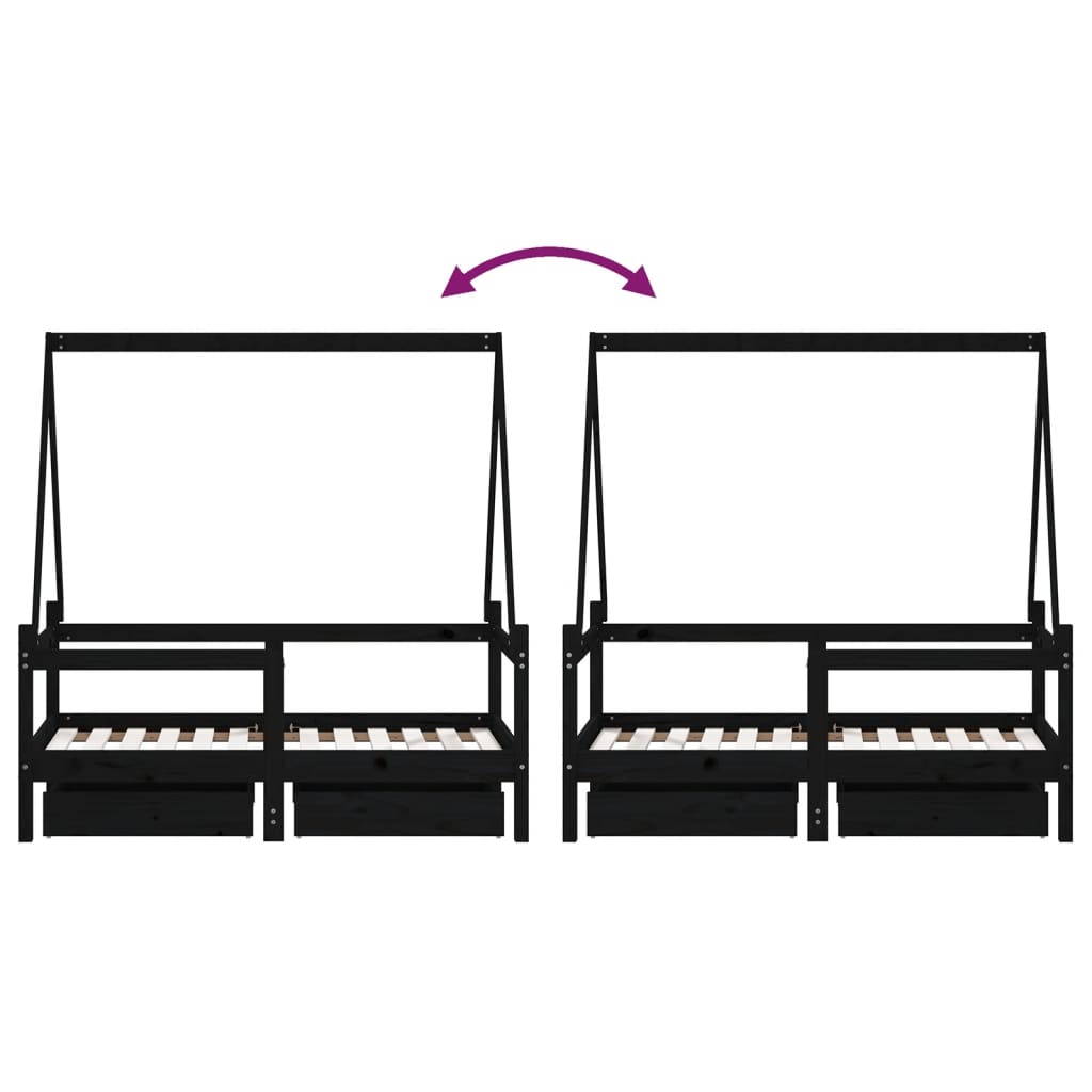 Children's bed frame with drawers, black, 70x140 cm, solid pine wood