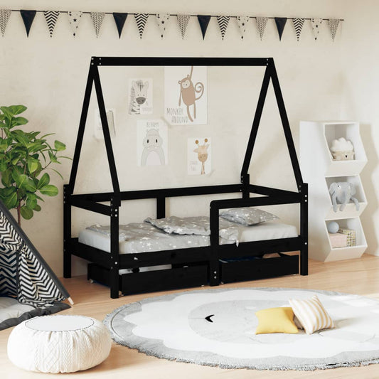 Children's bed frame with drawers, black, 70x140 cm, solid pine wood