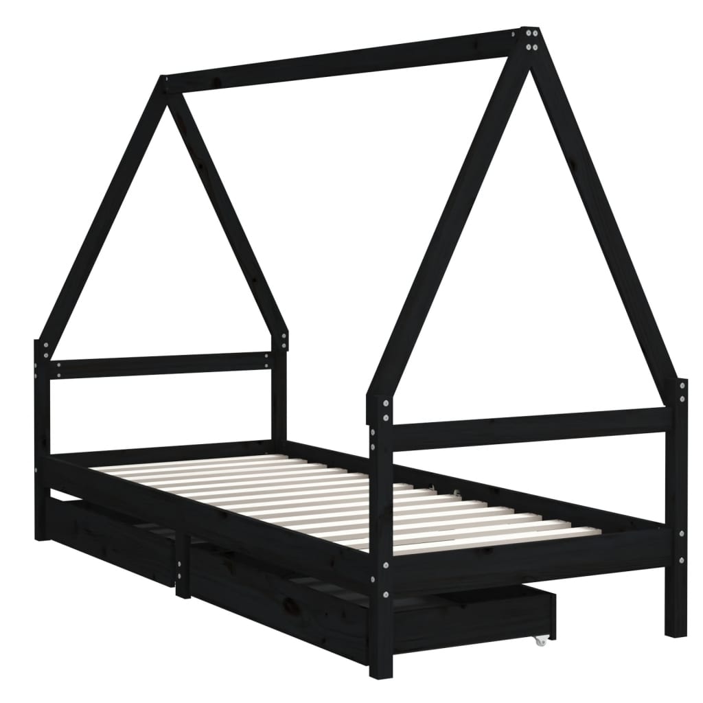 Children's bed frame with drawers, black, 90x190 cm, solid pine wood