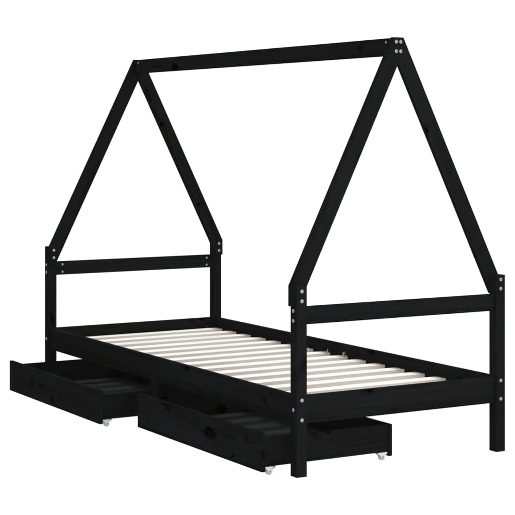 Children's bed frame with drawers, black, 90x190 cm, solid pine wood