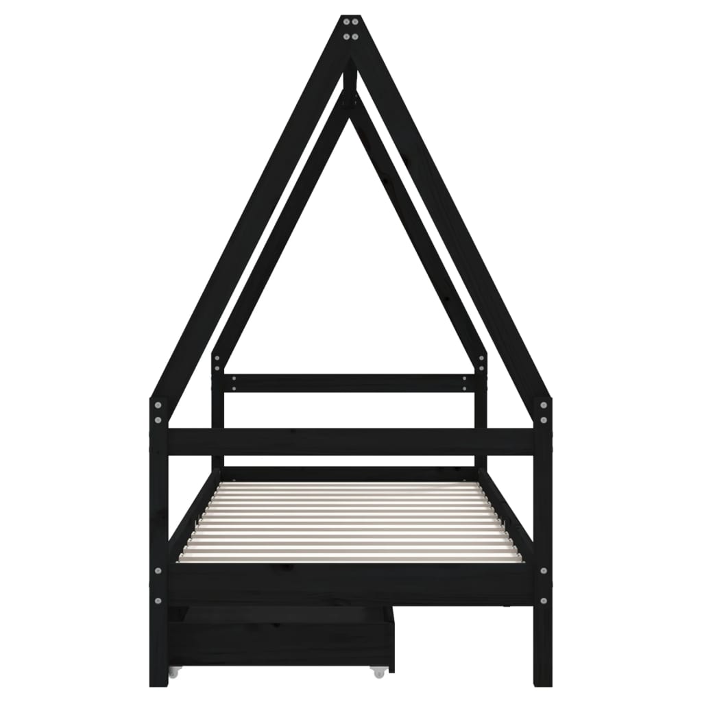 Children's bed frame with drawers, black, 90x190 cm, solid pine wood