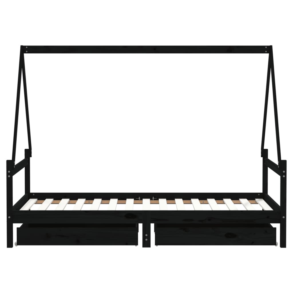 Children's bed frame with drawers, black, 90x190 cm, solid pine wood