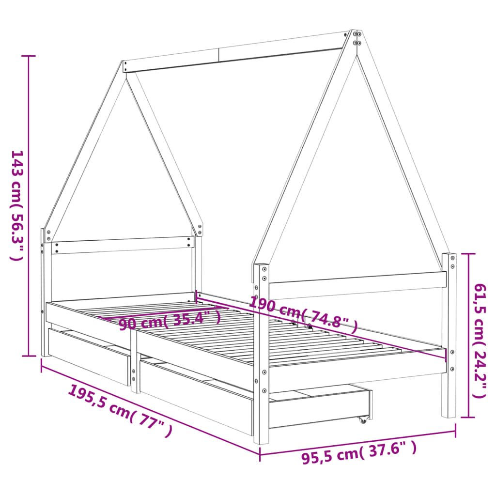 Children's bed frame with drawers, black, 90x190 cm, solid pine wood