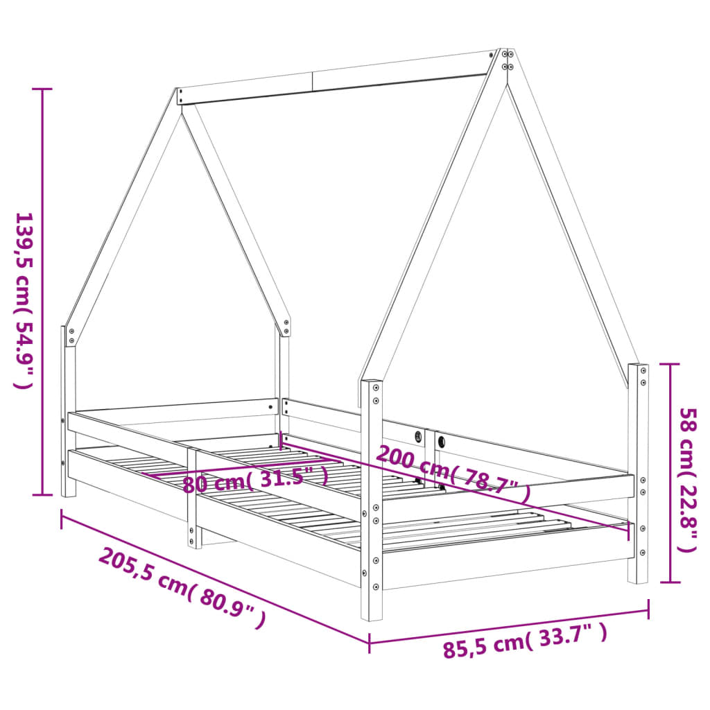 Bed frame for children, white, 80x200 cm, solid pine wood