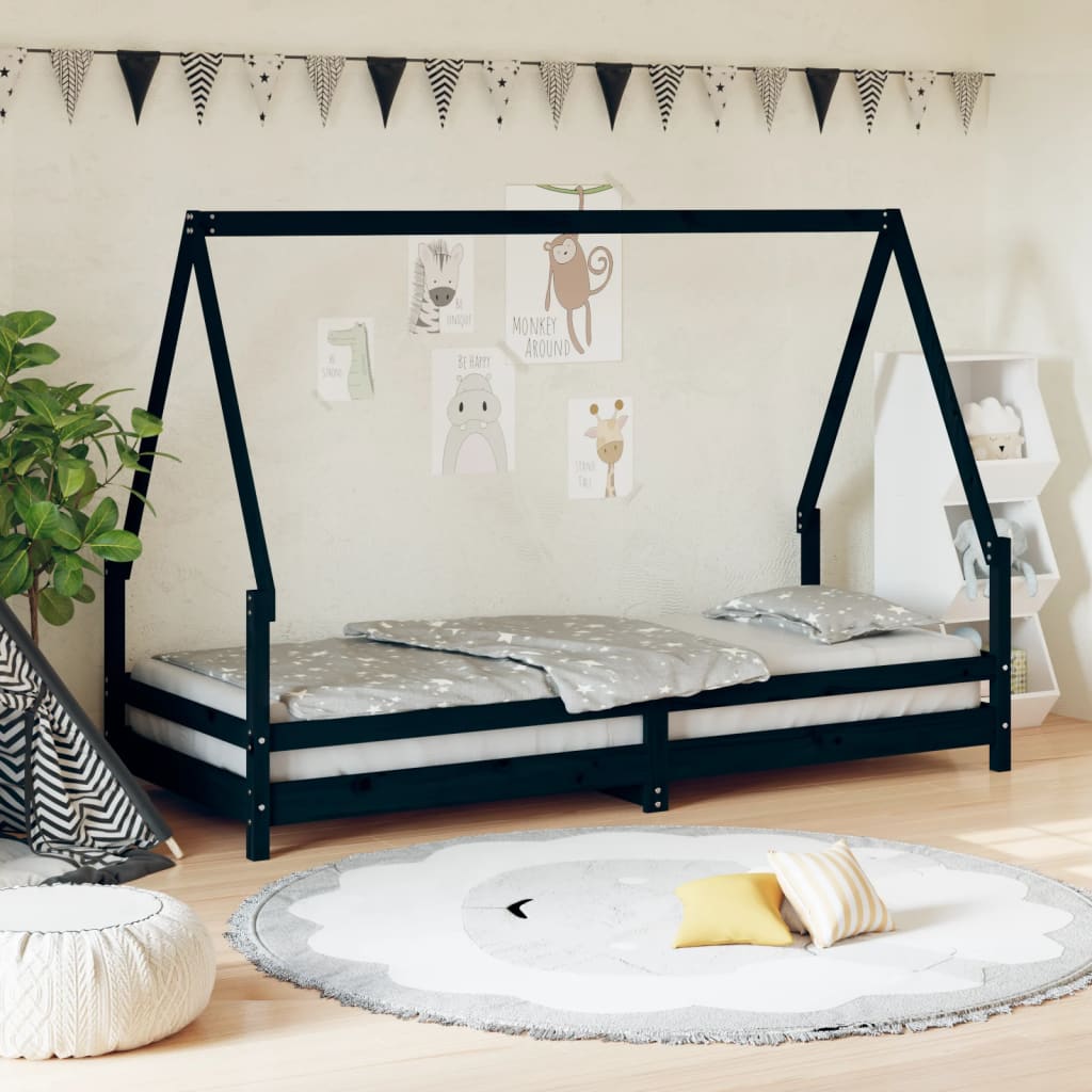 Bed frame for children, black, 80x200 cm, solid pine wood