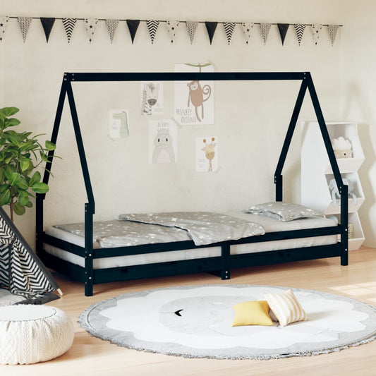 Bed frame for children, black, 90x200 cm, solid pine wood