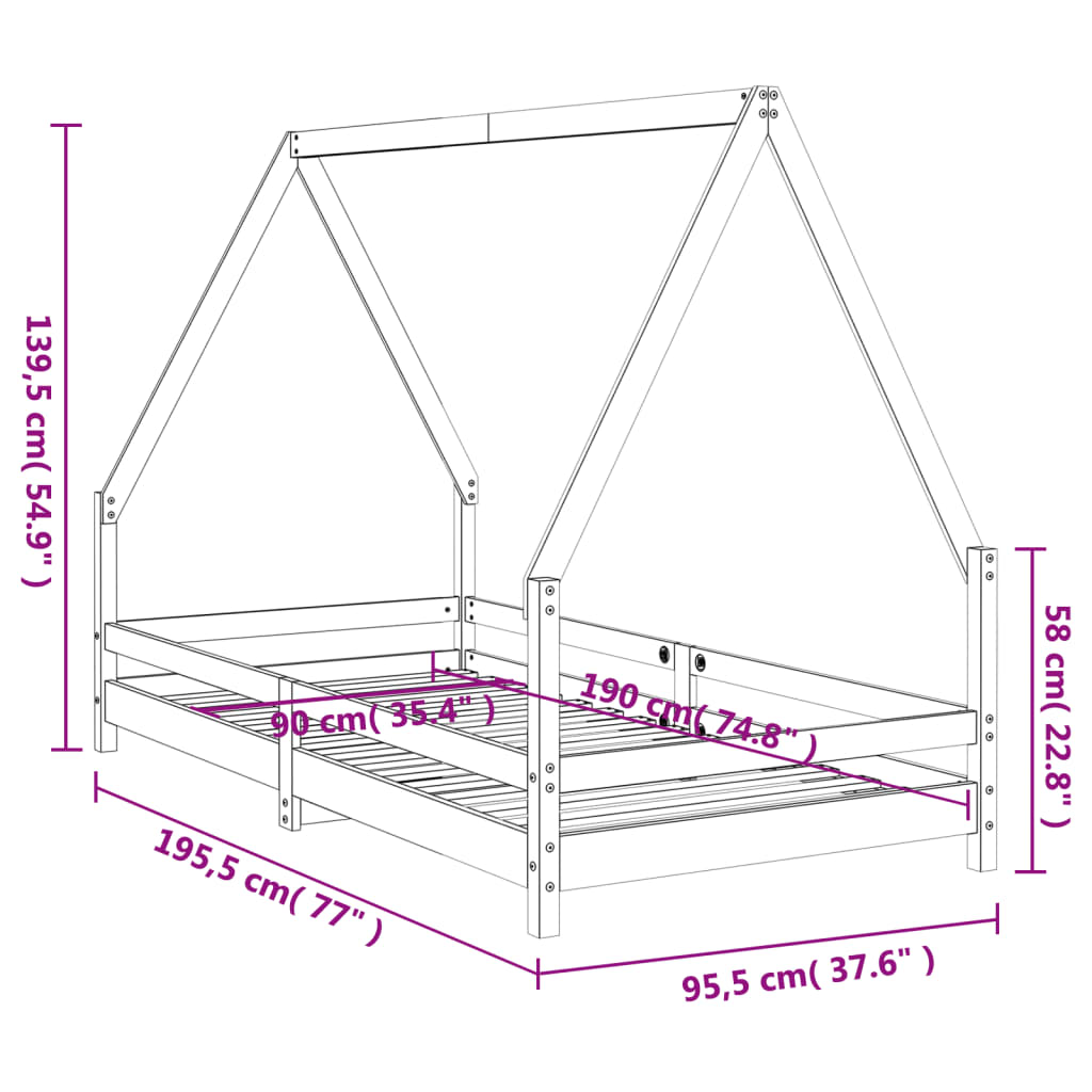 Bed frame for children, black, 90x190 cm, solid pine wood