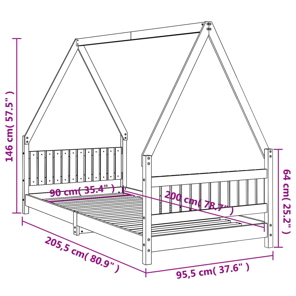 Bed frame for children, white, 90x200 cm, solid pine wood