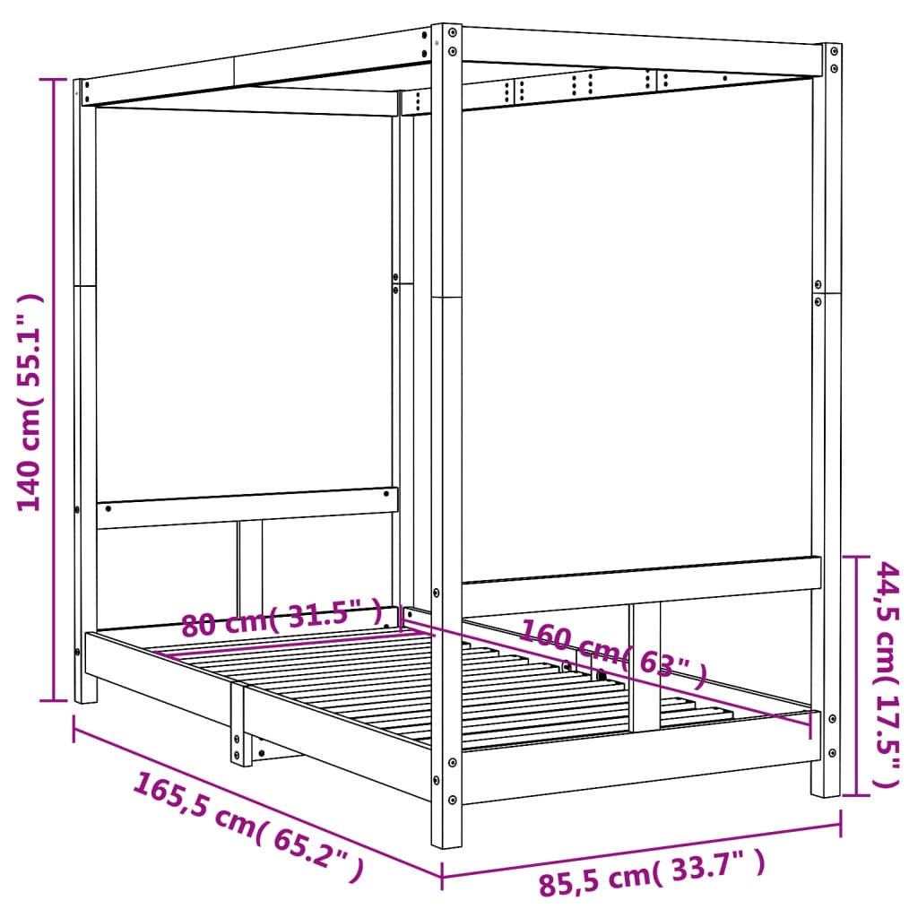 Bed frame for children, 80x160 cm, solid pine wood