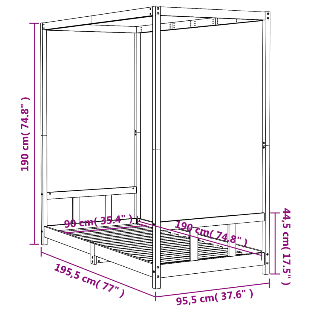 Bed frame for children, 90x190 cm, solid pine wood