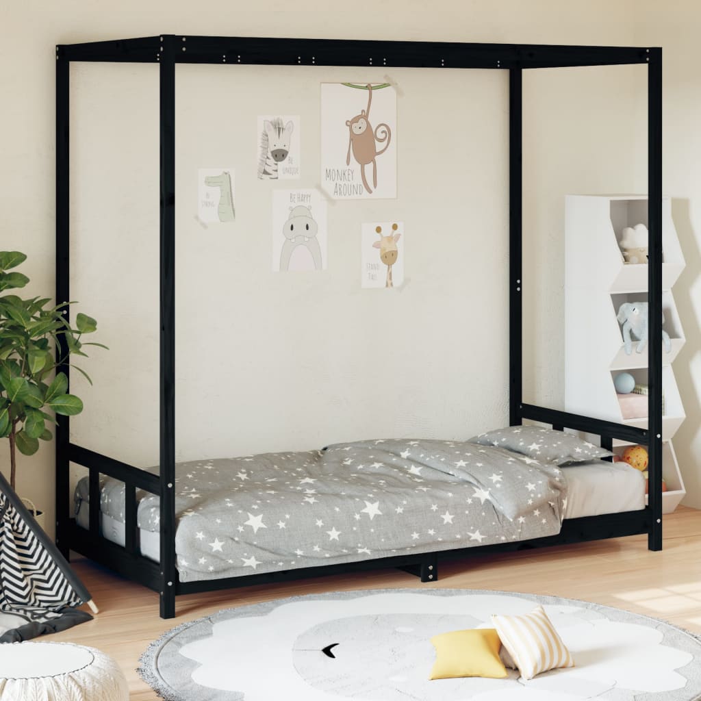 Bed frame for children, black, 90x190 cm, solid pine wood