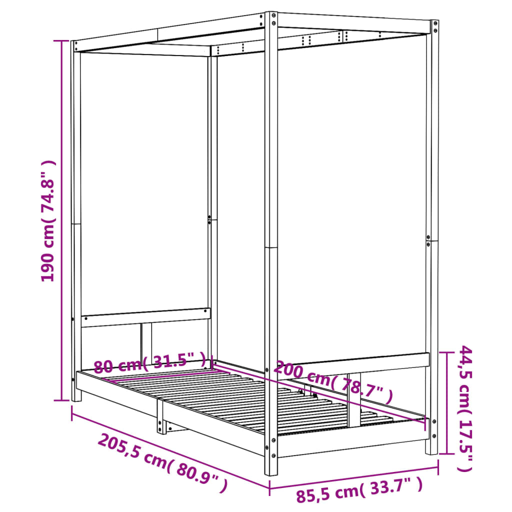 Bed frame for children, black, 80x200 cm, solid pine wood
