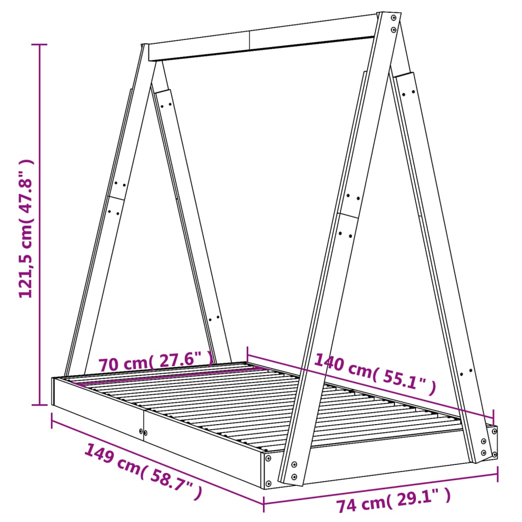 Bed frame for children, white, 70x140 cm, solid pine wood