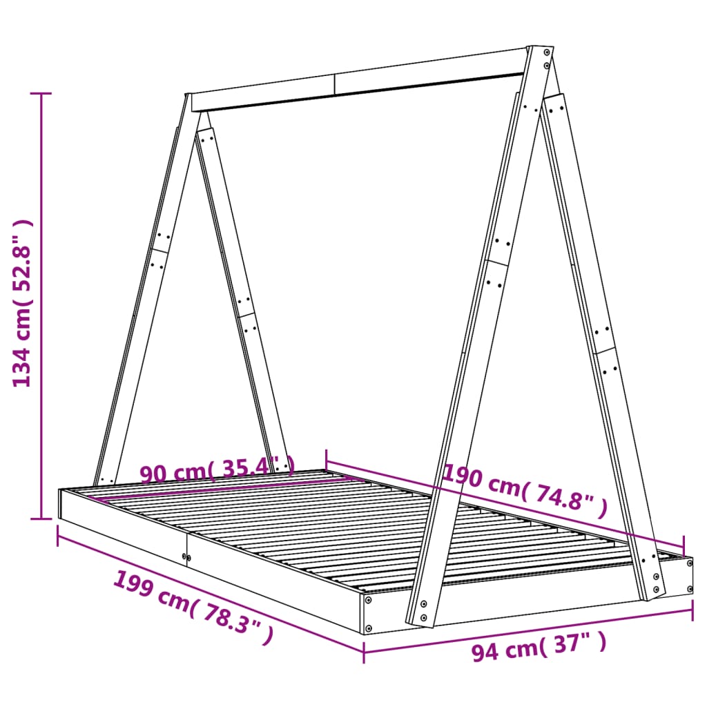 Bed frame for children, 90x190 cm, solid pine wood