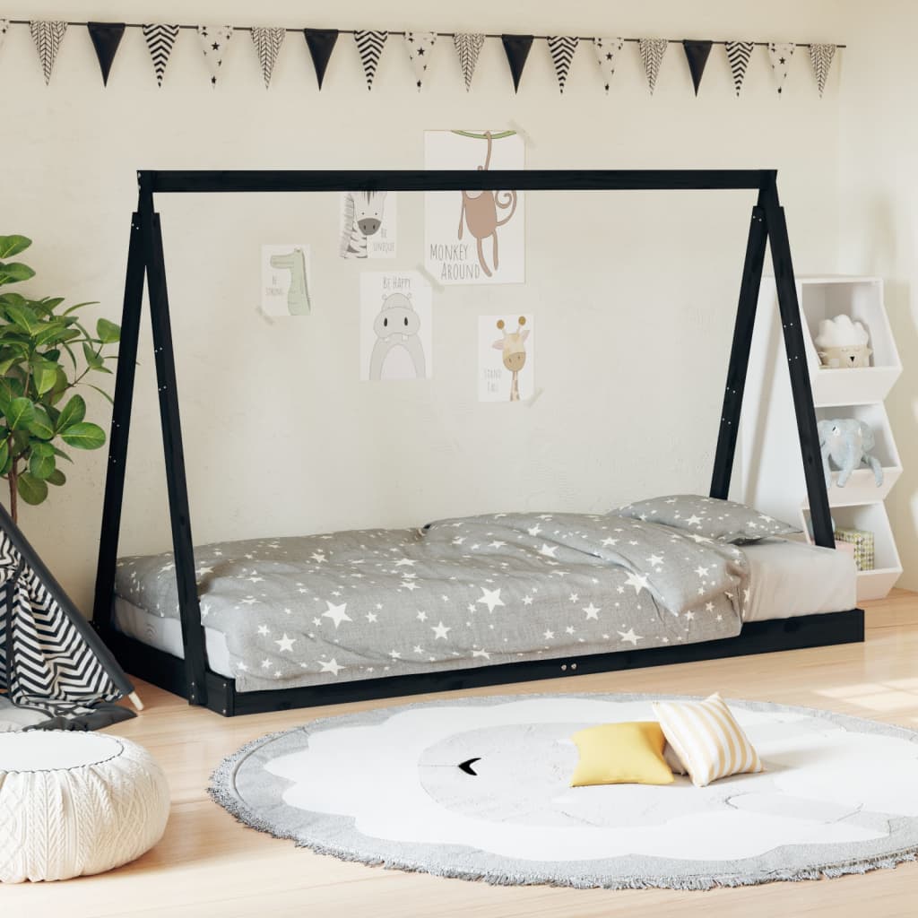 Bed frame for children, black, 90x190 cm, solid pine wood