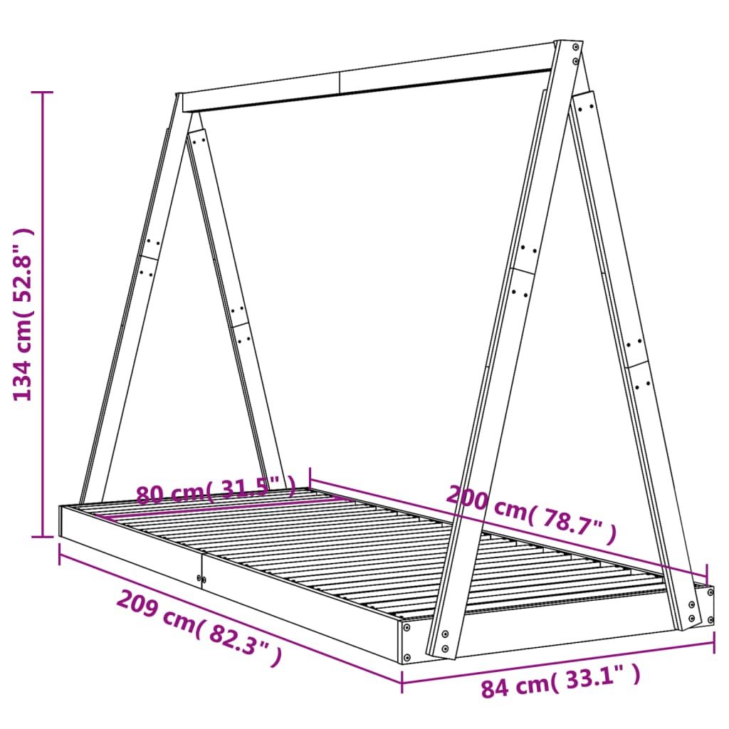 Bed frame for children, black, 80x200 cm, solid pine wood