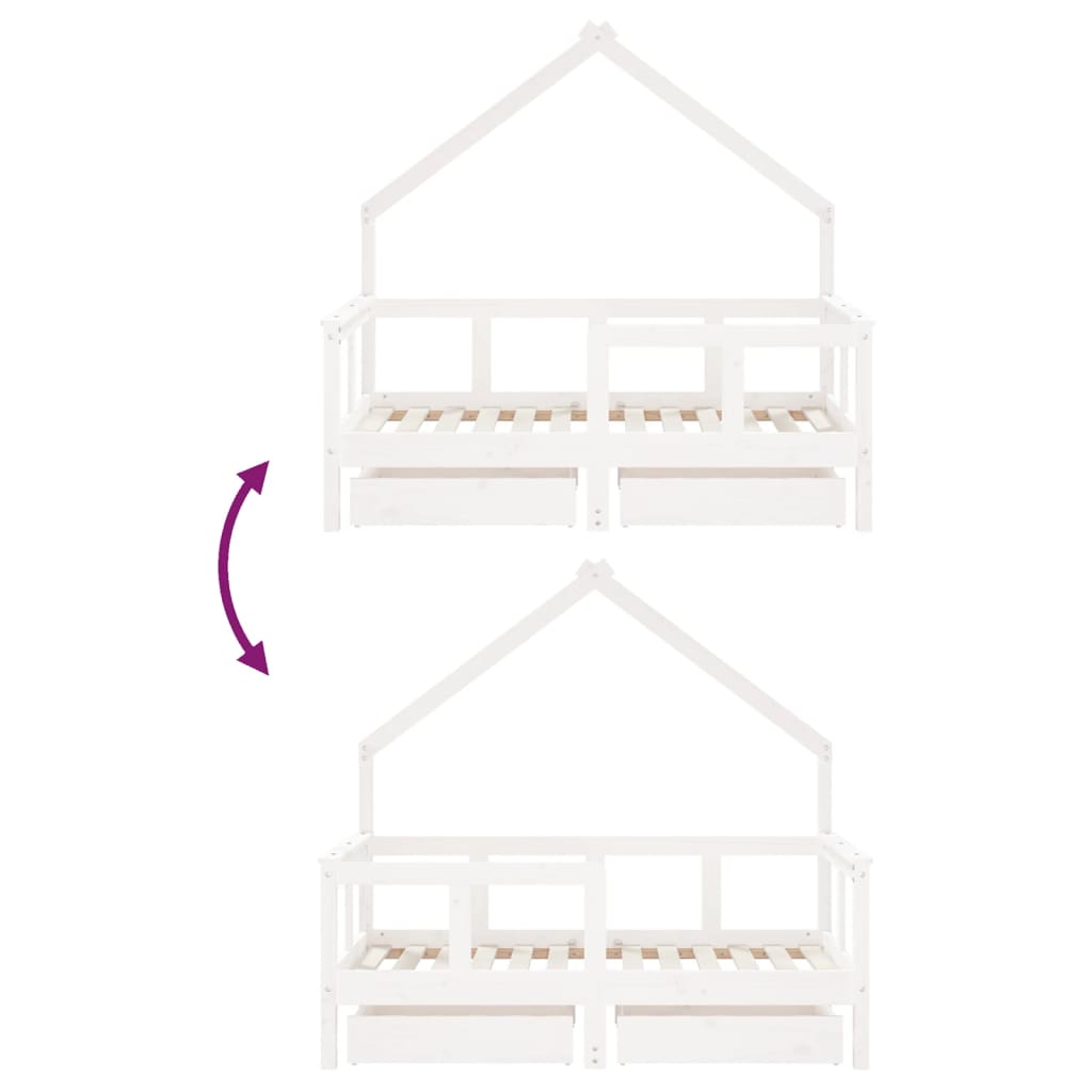 Children's bed frame with drawers, white, 70x140 cm, solid pine wood