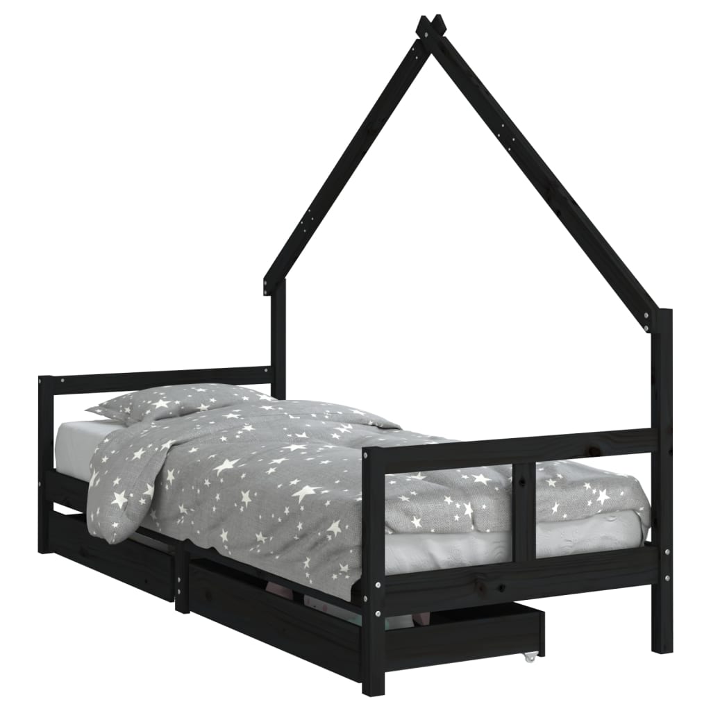Children's bed frame with drawers, black, 80x200 cm, solid pine wood