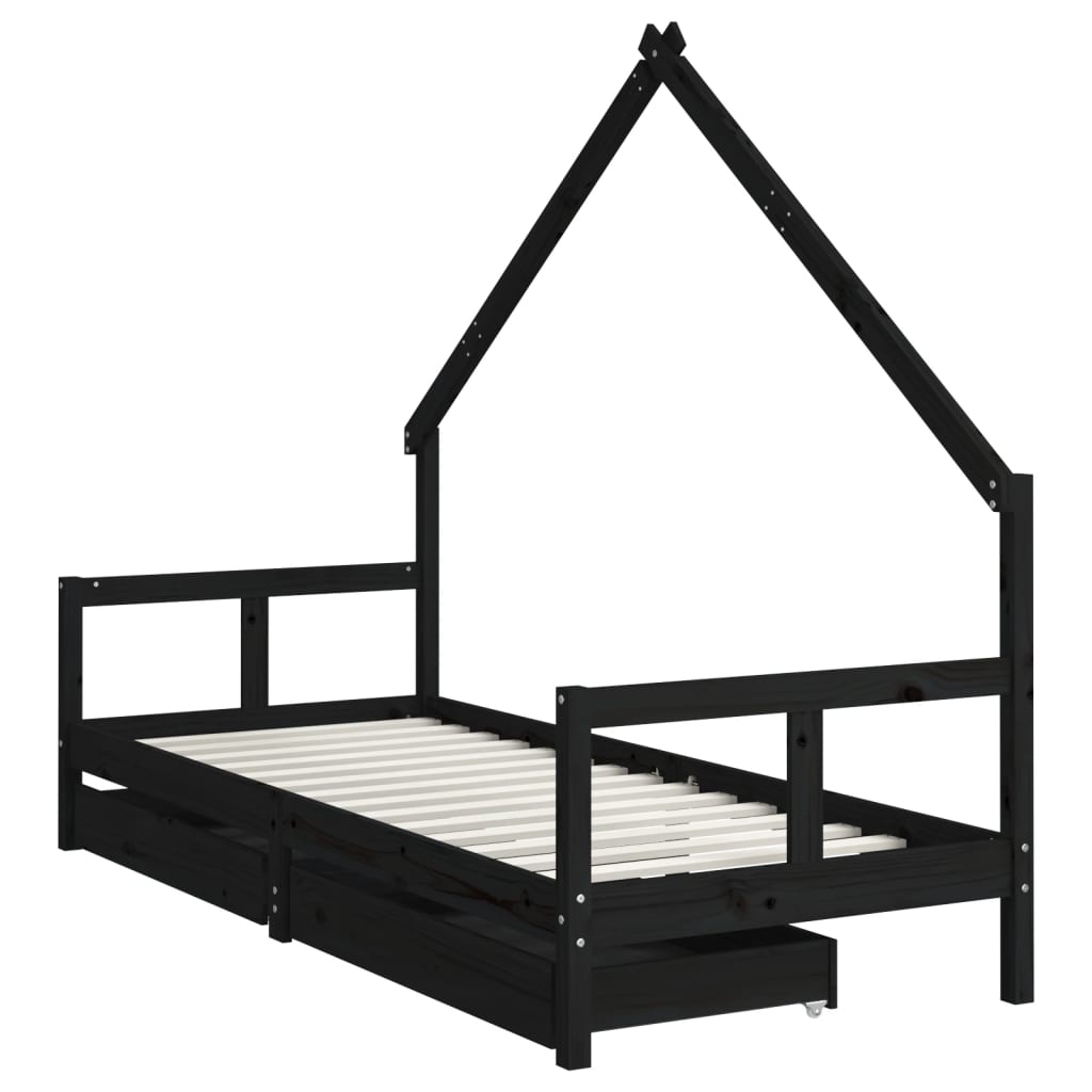 Children's bed frame with drawers, black, 80x200 cm, solid pine wood