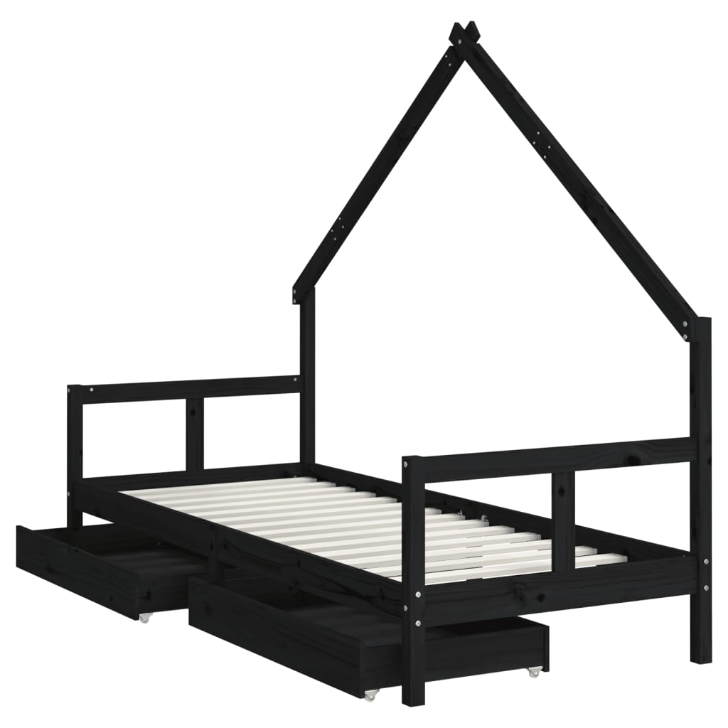 Children's bed frame with drawers, black, 80x200 cm, solid pine wood