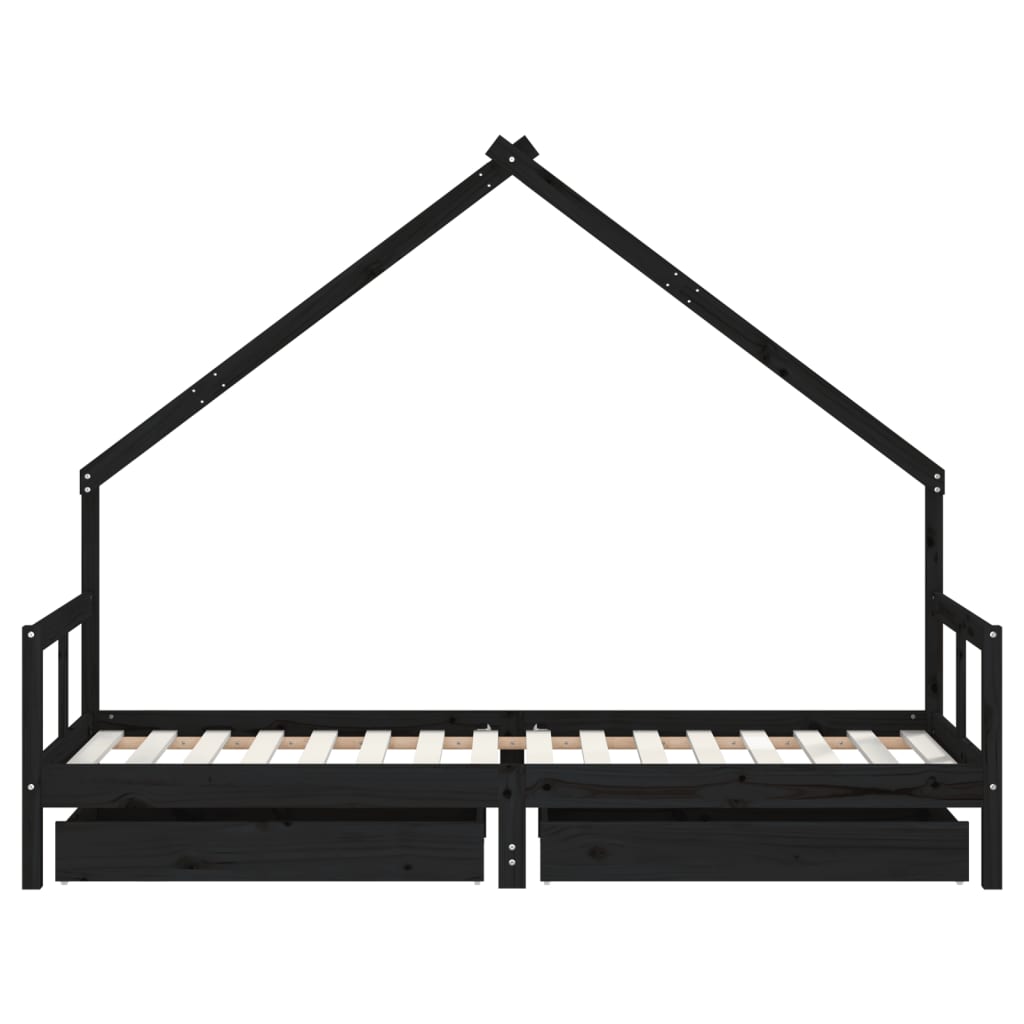 Children's bed frame with drawers, black, 80x200 cm, solid pine wood