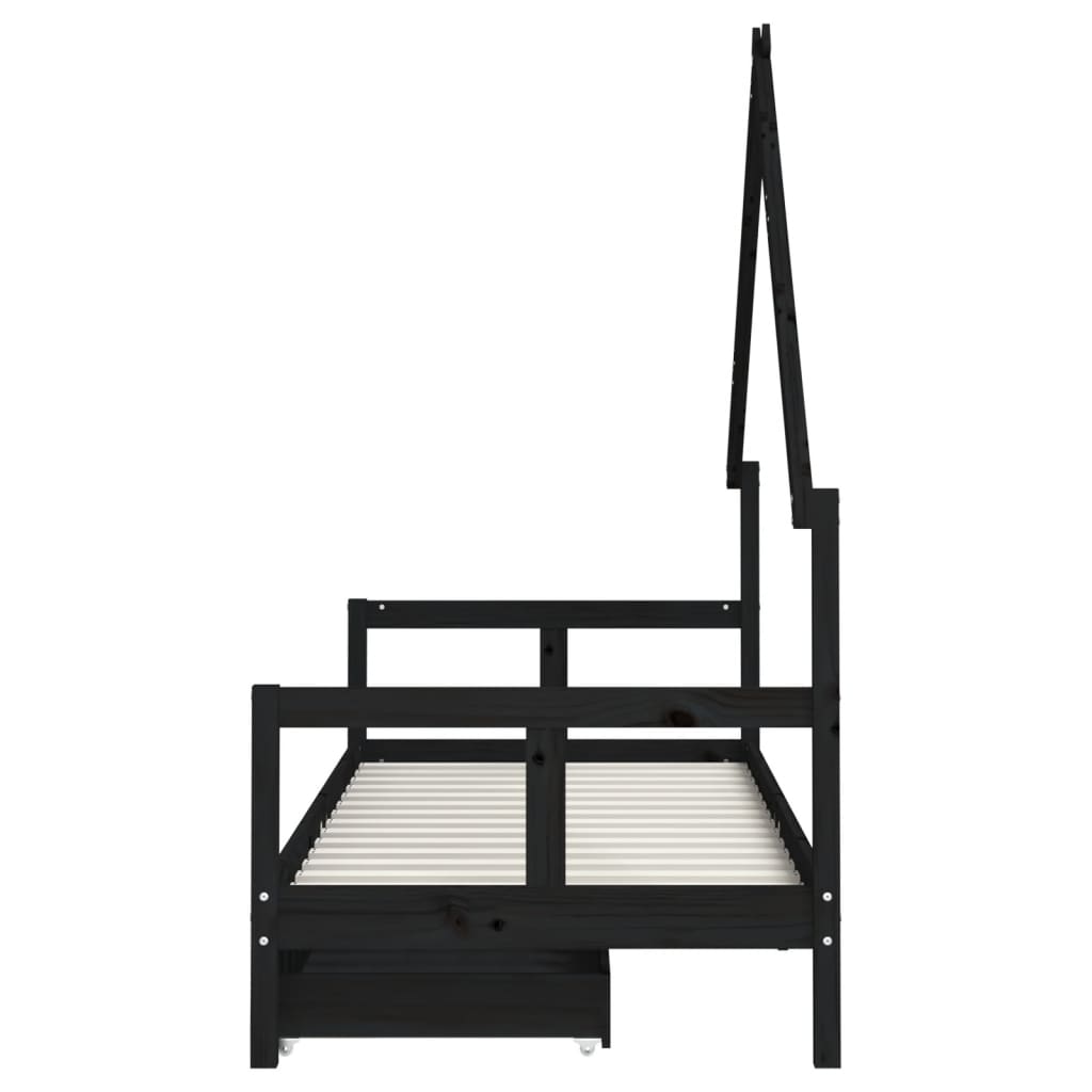 Children's bed frame with drawers, black, 80x200 cm, solid pine wood