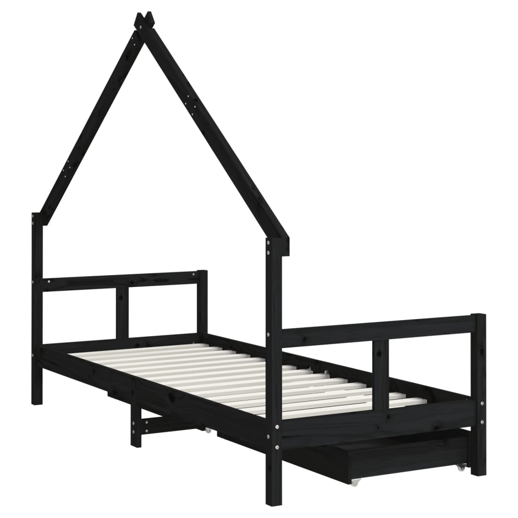 Children's bed frame with drawers, black, 80x200 cm, solid pine wood