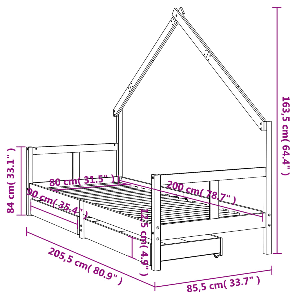 Children's bed frame with drawers, black, 80x200 cm, solid pine wood