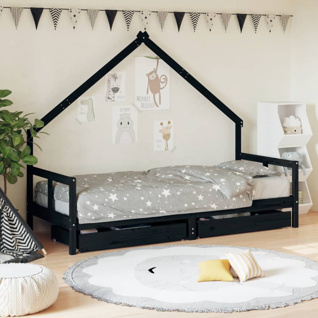 Children's bed frame with drawers, black, 80x200 cm, solid pine wood