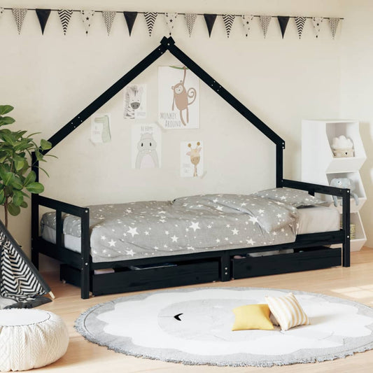 Children's bed frame with drawers, black, 80x200 cm, solid pine wood
