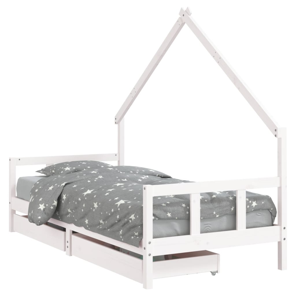 Bed frame with drawers for children, white, 90x200 cm solid pine wood