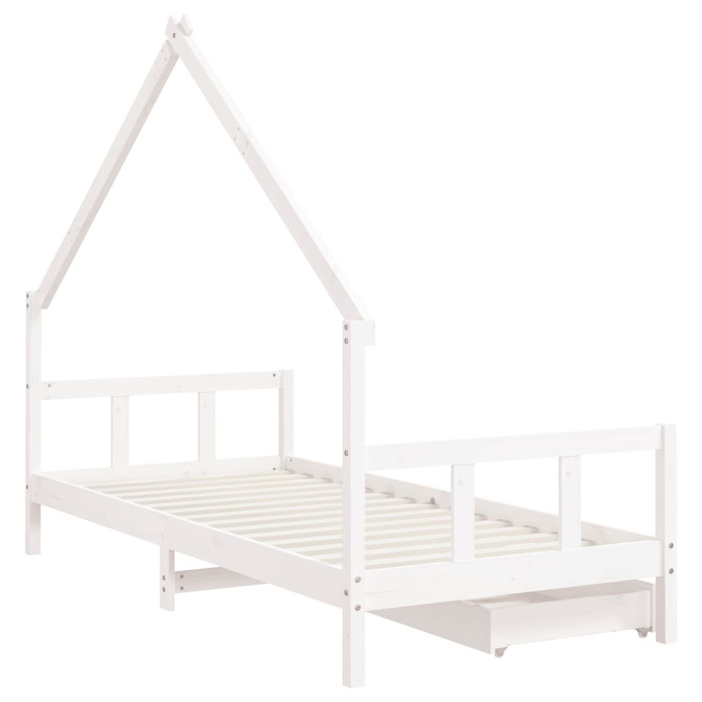 Bed frame with drawers for children, white, 90x200 cm solid pine wood