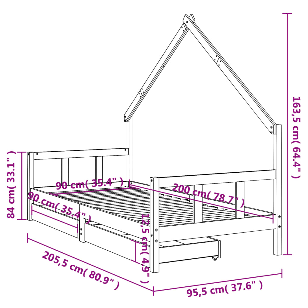 Bed frame with drawers for children, white, 90x200 cm solid pine wood