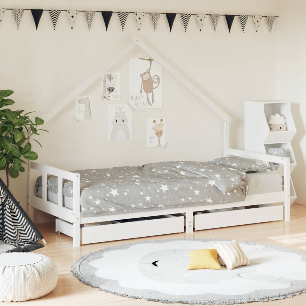 Bed frame with drawers for children, white, 90x200 cm solid pine wood