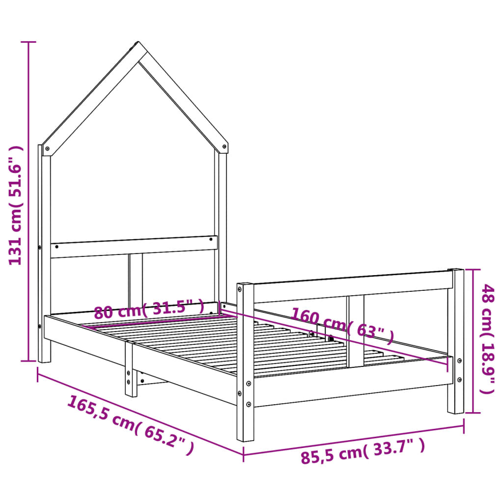 Bed frame for children, 80x160 cm, solid pine wood