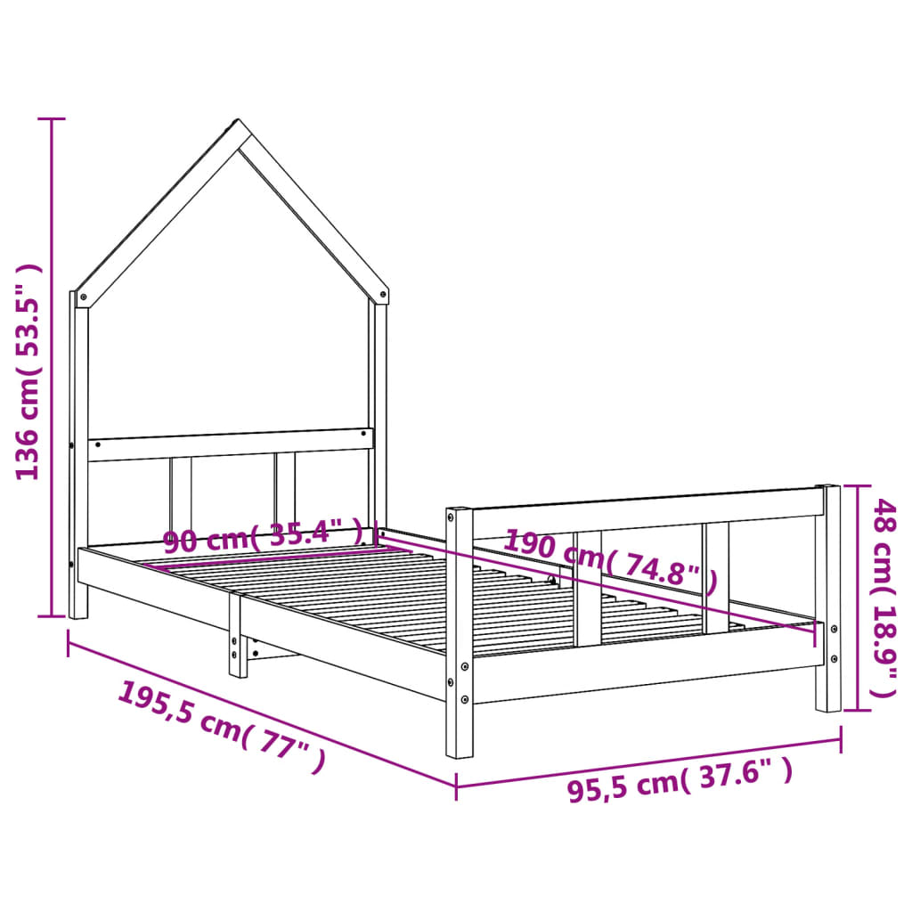 Bed frame for children, black, 90x190 cm, solid pine wood