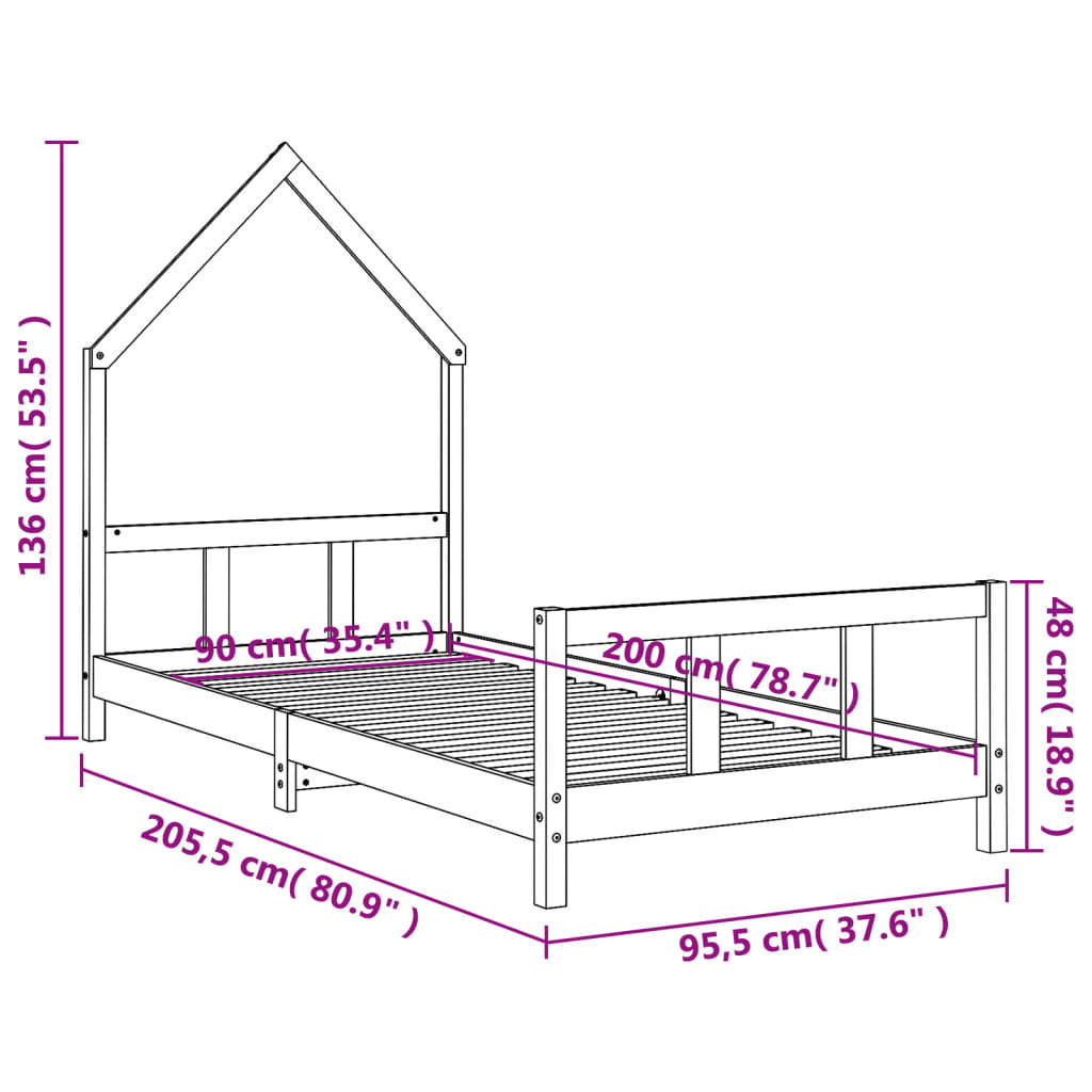 Bed frame for children, white, 90x200 cm, solid pine wood