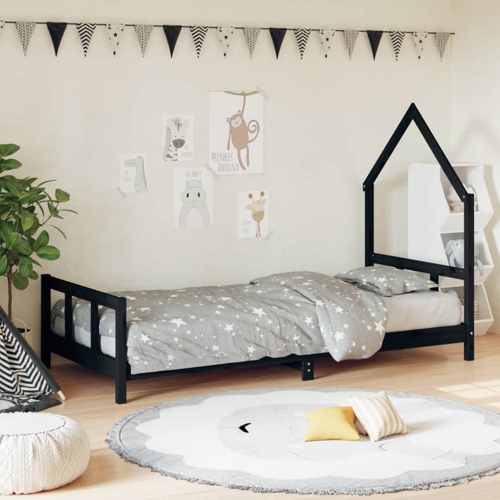 Bed frame for children, black, 90x200 cm, solid pine wood