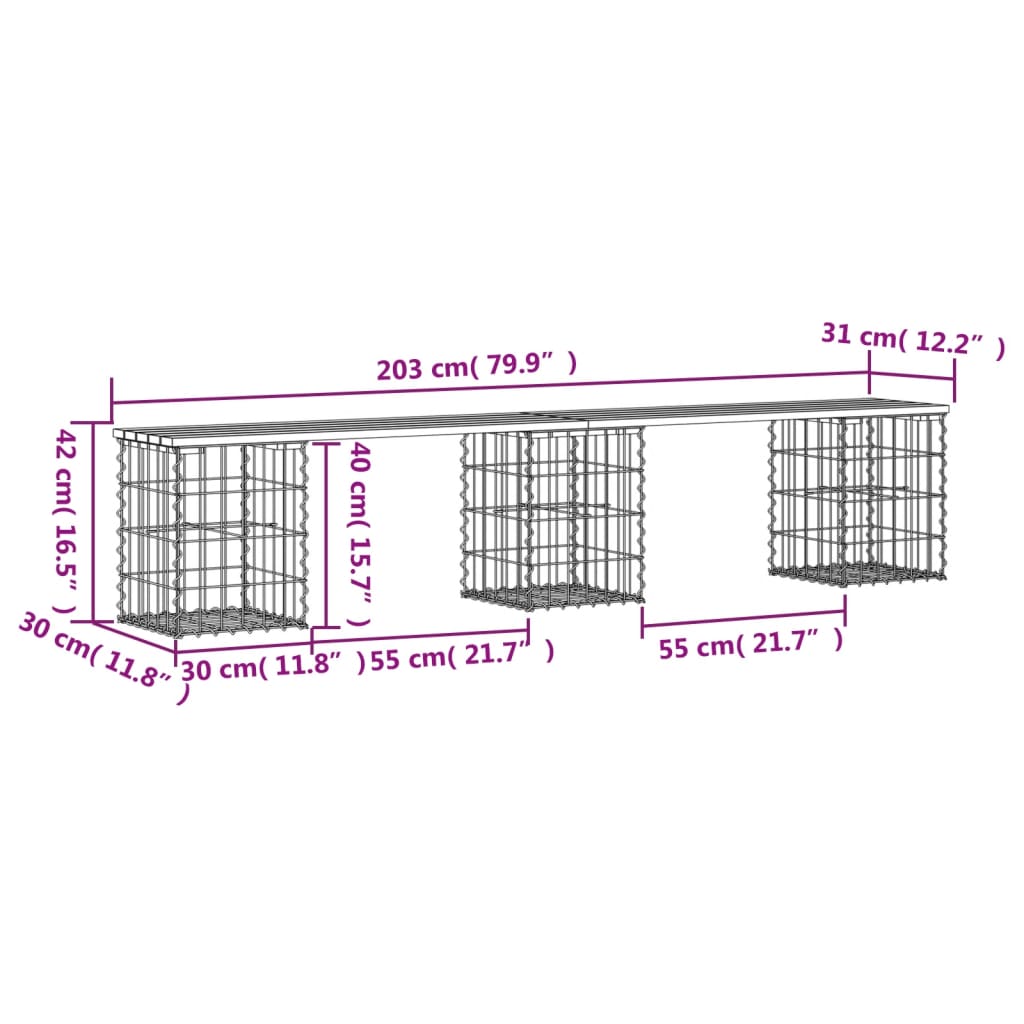 Garden bench, gabion design, 203x31x42 cm, impregnated pine wood