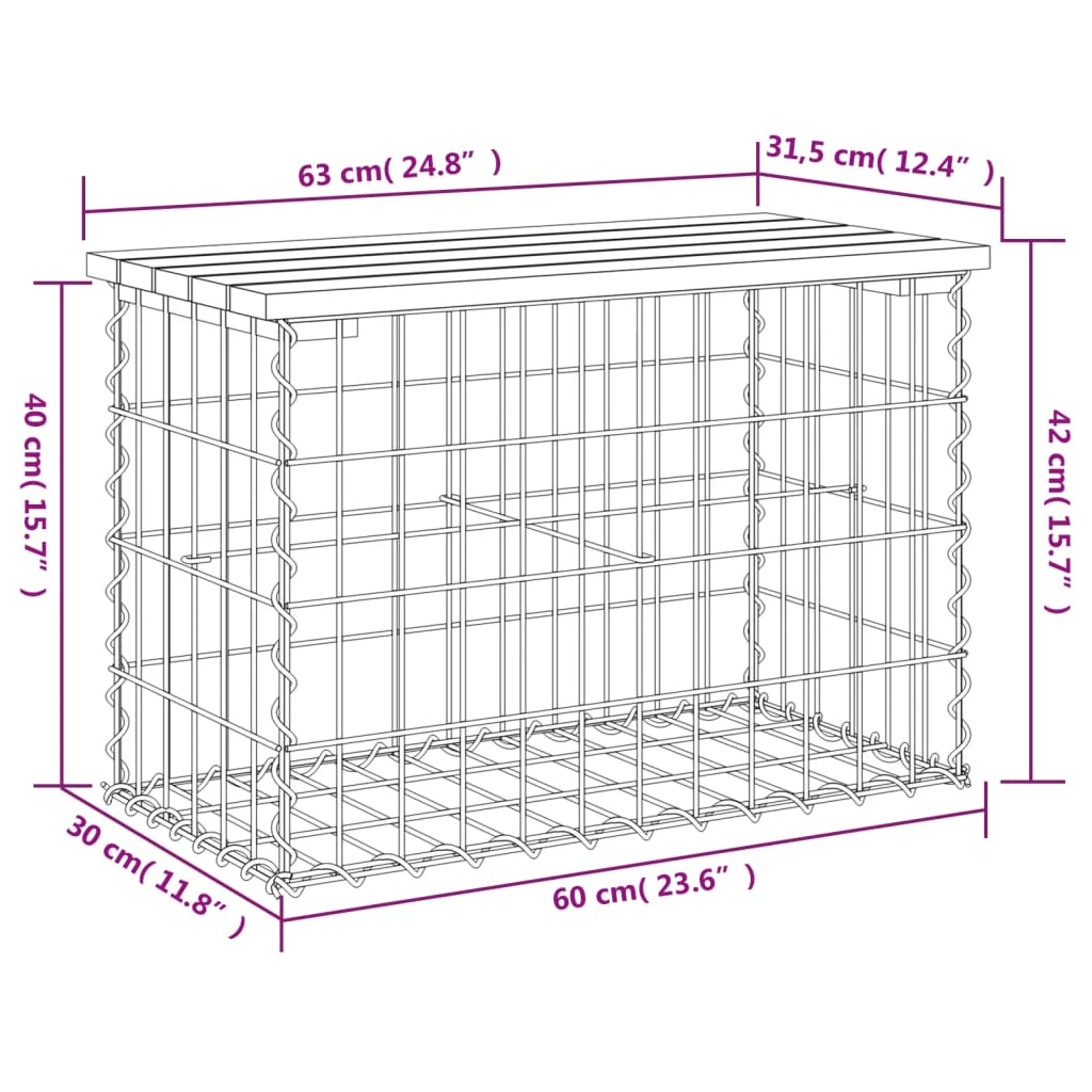 Bancă de grădină, design gabion, 63x31,5x42 cm, lemn masiv pin