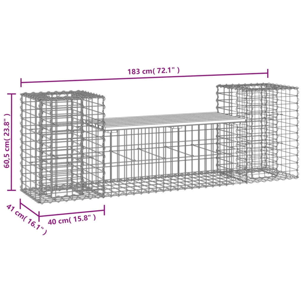 Garden bench with gabion, 183x41x60.5 cm, impregnated pine wood