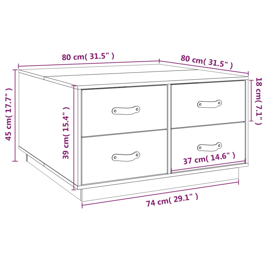 Coffee table, white, 80x80x45 cm, solid pine wood
