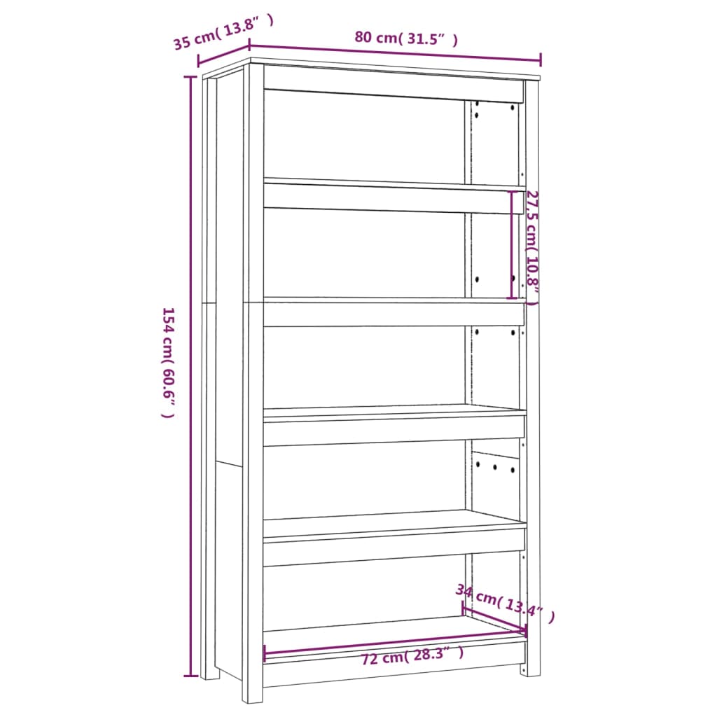 Bibliotecă, alb, 80x35x154 cm, lemn masiv de pin