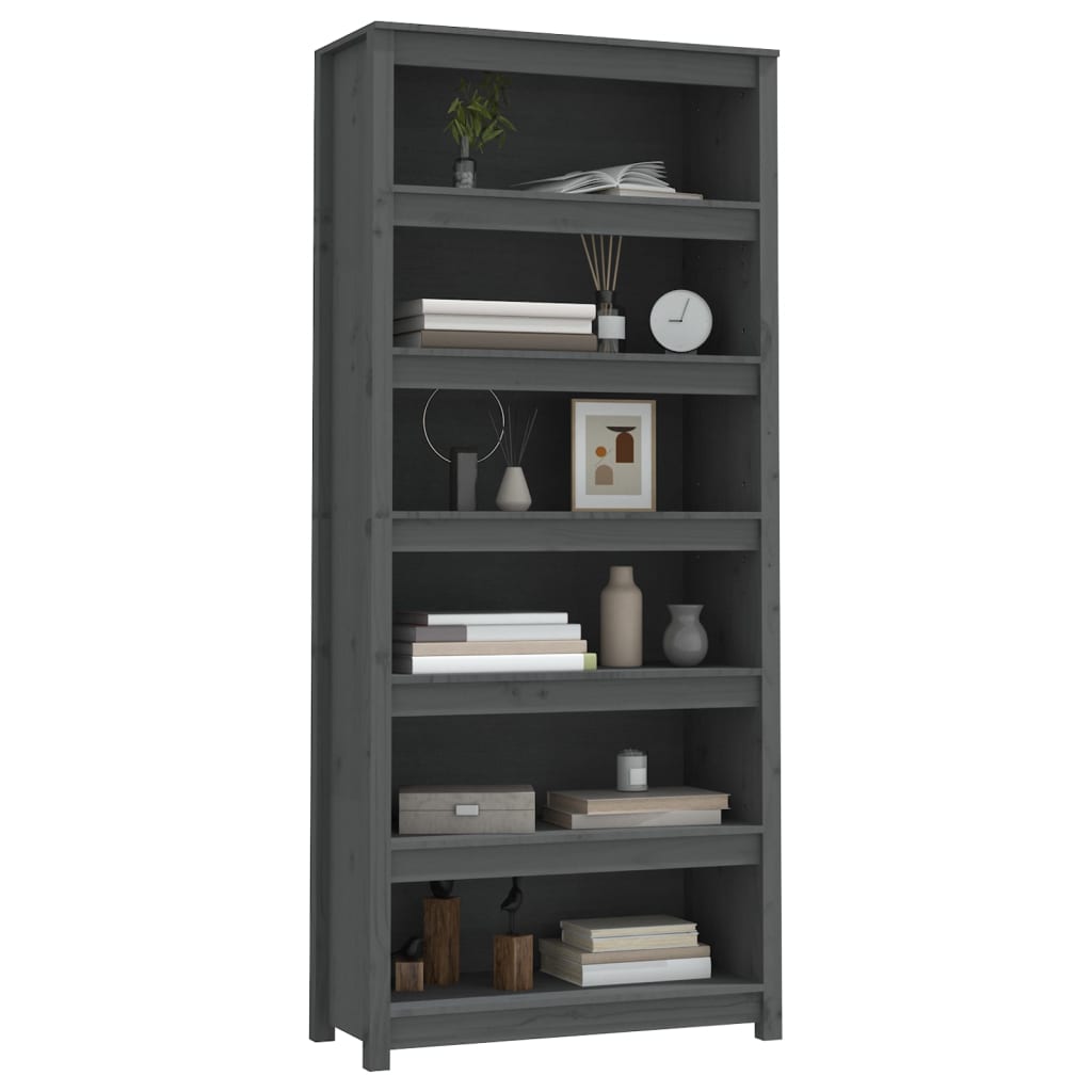 Bibliotecă, gri, 80x35x183 cm, lemn masiv de pin