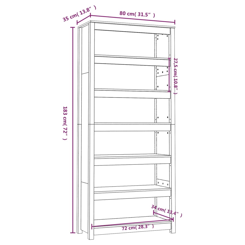 Bibliotecă, gri, 80x35x183 cm, lemn masiv de pin