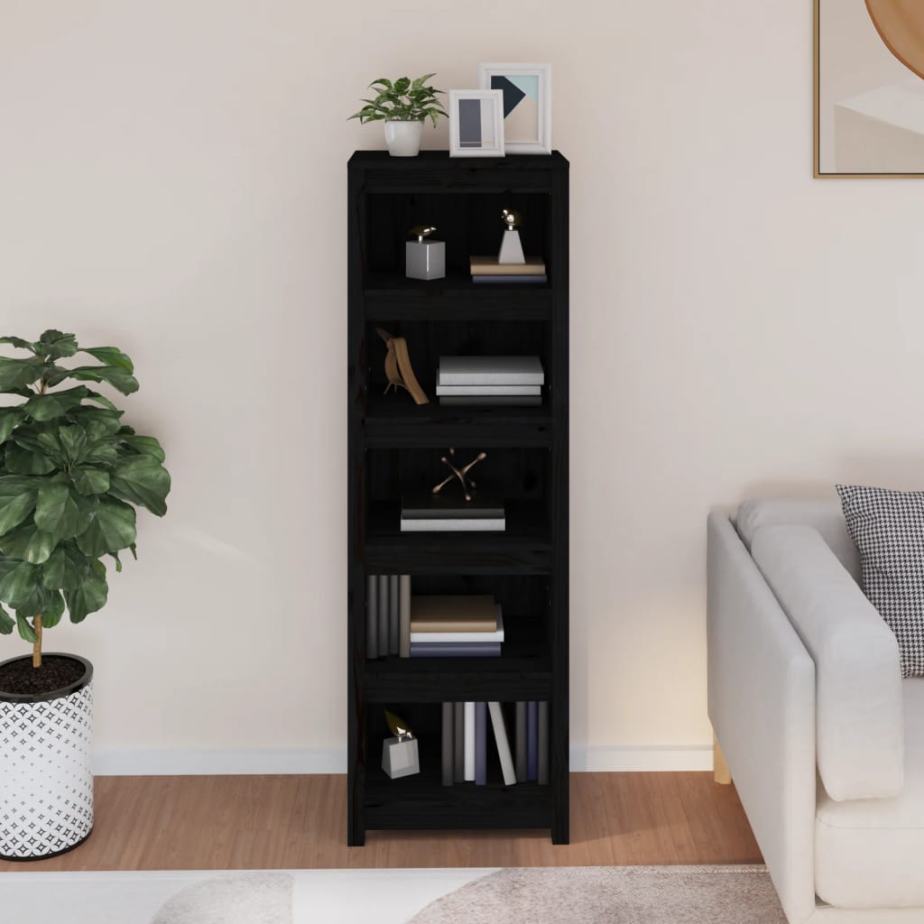Bibliotecă, negru, 50x35x154 cm, lemn masiv de pin
